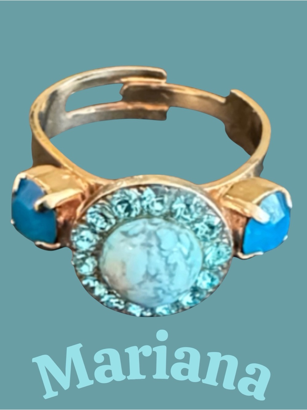 💍 Mariana Gold-Rose Tone Adjustable Sz 7.5-9 Turquoise Crystal Ring-Women